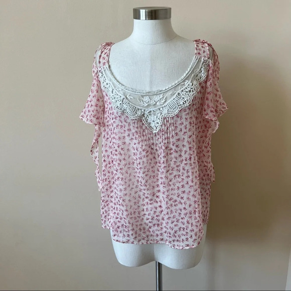 Denim & Supply Ralph Lauren floral chiffon cold shoulder top pink 5231 - Picture 1 of 9